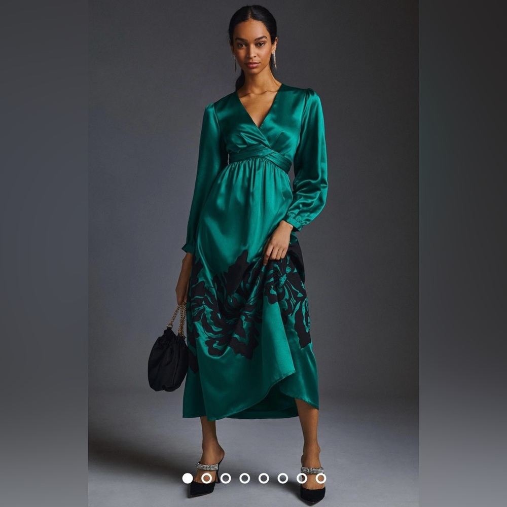 NWT Anthropologie Nikasha Embroidered Satin Green Dress | Size Medium